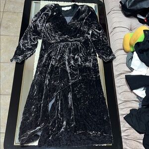 Debora Kuchme dark grey vintage crushed velvet midi dress with black sequins